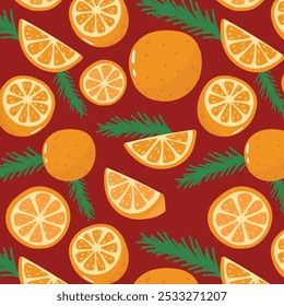 Christmas seamless pattern with tangerines and fir branches. Vector illustration