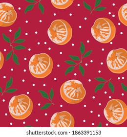 Christmas seamless pattern. Tangerines on red background with snow
