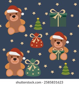 Christmas seamless pattern with teddy bears, gift boxes, gift sacks, and Christmas trees