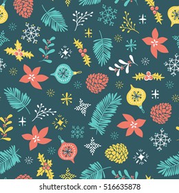 Christmas seamless pattern. Template for Greeting Scrap booking, Congratulations, Invitations and wrap paper. Vector illustration with christmas elements on the white background.