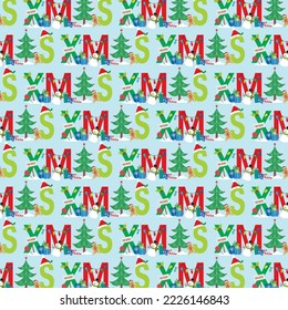 Christmas seamless pattern with christmas text and decorations