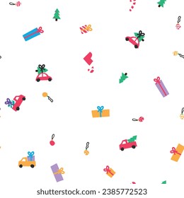 Christmas seamless pattern for textile, print, card, poster. New Year 2024. Truck with Christmas tree in back, pickup truck. Red car, spruce, fir, blue gift box with yellow bow, ball on rope. Holiday