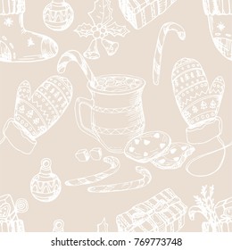 Christmas seamless pattern, texture, hand drawing sketch illustration. Vector Collection of sketch object for new year and Christmas.
