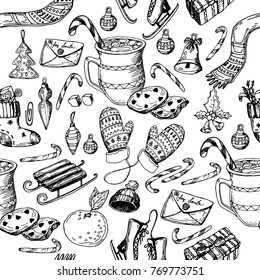 Christmas seamless pattern, texture, hand drawing sketch illustration. Vector Collection of sketch object for new year and Christmas.