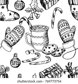 Christmas seamless pattern, texture, hand drawing sketch illustration. Vector Collection of sketch object for new year and Christmas.