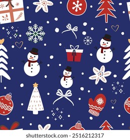 Christmas Seamless Pattern. There are snowman, snowfake, gift box, ribon.