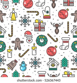 Christmas Seamless Pattern With Thin Line Icons. For Wrapping Paper, Website, Banner, Poster Design. Vector Illustration 