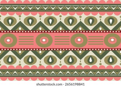 padrão sem emenda de Natal, Este design decorativo provavelmente se inspira na arte popular ou indígena, caracterizada por sua repetição rítmica, geometria afiada e paleta de cores brilhantes.