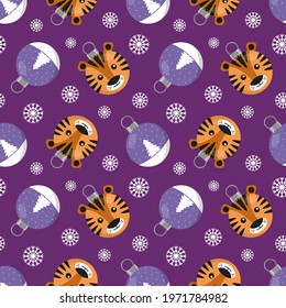 Christmas seamless pattern with tiger baubles. 