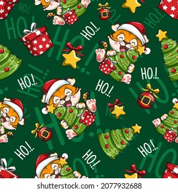 Christmas Seamless Pattern With Tiger Santa Claus Cute Cartoon Illustration