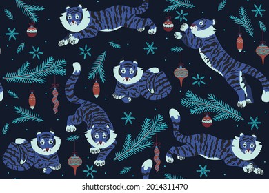 Christmas seamless pattern with tigers and Christmas decorations. Vector graphics.