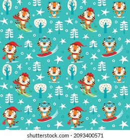 Christmas seamless pattern with tigers on a blue background, with winter forest and stars for your design.