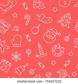 Christmas seamless pattern. Tiling textures with thin line icon set
