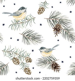 Christmas seamless pattern, titmouse birds, green twigs, pine cones, stars, white background. Vector illustration. Nature design. Season greeting. Winter Xmas holidays
