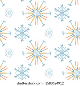 Christmas seamless pattern of tools laid out in the shape of snowflakes. Vector background for construction tools store, technical support, others.