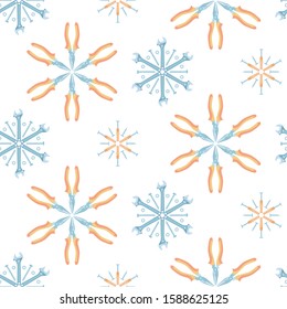 Christmas seamless pattern of tools laid out in the shape of snowflakes. Vector background for construction tools store, technical support, others.