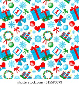 Christmas seamless pattern with toys, bow, mittens, star, snowflake, candle, gift box, bell. Vector illustration isolated on white background.