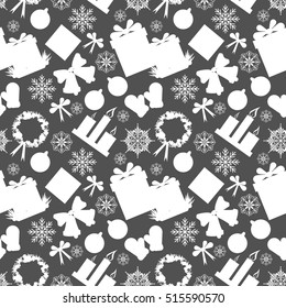 Christmas seamless pattern with toys, bow, mittens, star, snowflake, candle, gift box, bell. Vector illustration isolated on gray background.