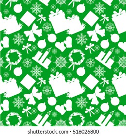 Christmas seamless pattern with toys, bow, mittens, star, snowflake, candle, gift box, bell. Vector illustration isolated on green background.