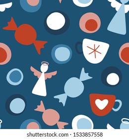 Christmas seamless pattern with toys. Seamless pattern for cards, wrapping papers, posters. Creative hand drawn pattern for winter holidays. Seamless texture for Christmas design