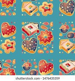 Christmas seamless pattern with toys isolated on blue. Winter holidays New Year background. Hand drawn isolated biscuit, cookies, toy, berry, gift, toyhouse. Doodle endless vector.