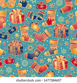 Christmas seamless pattern with toys isolated on blue. Winter holidays New Year background. Hand drawn isolated Christmas Stocking, mittens, sock, star, gift, snowflake. Doodle endless vector.