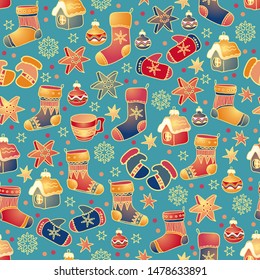 Christmas seamless pattern with toys isolated on blue. Winter holidays New Year background. Hand drawn Christmas stocking, mittens, cup, toyhouse, snowflake, star. Doodle cartoon endless vector.