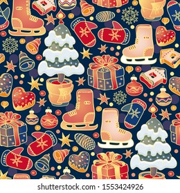 Christmas seamless pattern with toys isolated on dark blue. Winter holidays New Year background. Hand drawn Christmas tree, mittens, cookies, skates, stars, gifts, snowflakes. Doodle endless vector.