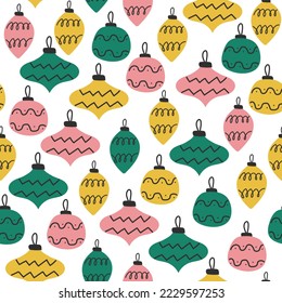 Christmas seamless pattern with toys. Scandinavian style. Vector illustration on white. Green, yellow, pink colors