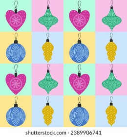 Christmas seamless pattern with toys. Christmas toys for the Christmas tree. Vector illustration