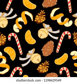 Christmas seamless pattern with traditional holiday decorations, tangerines and cones on a black background. hand drawn vector illustration.