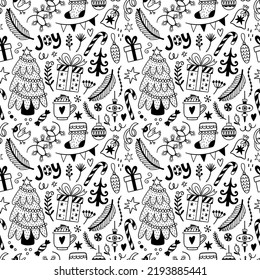 Christmas seamless pattern with traditional holiday symbols. Vector texture in hand drawn doodle style. Perfect for fabrics, wrapping paper, digital paper, backgrounds.