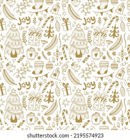 Christmas seamless pattern with traditional holiday symbols on white background. Vector texture in hand drawn doodle style. Perfect for fabrics, wrapping paper, digital paper, backgrounds.