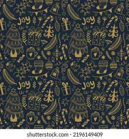 Christmas seamless pattern with traditional holiday symbols on dark background. Vector texture in hand drawn doodle style. Perfect for fabrics, wrapping paper, digital paper, backgrounds.