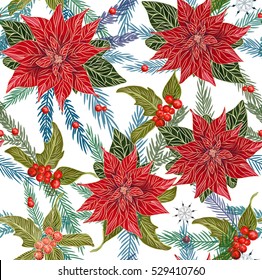 Christmas seamless pattern with traditional Christmas plants - holly, poinsettia and spruce. Christmas Stars for decoration patterns of light and a family holiday.
