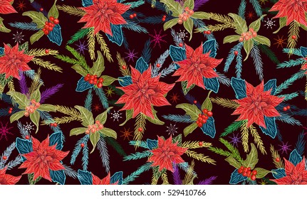 Christmas seamless pattern with traditional Christmas plants - holly, poinsettia and spruce. Christmas Stars for decoration patterns of light and a family holiday.