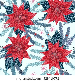 Christmas seamless pattern with traditional Christmas plants - holly, poinsettia and spruce. Christmas Stars for decoration patterns of light and a family holiday.