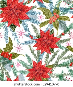 Christmas seamless pattern with traditional Christmas plants - holly, poinsettia and spruce. Christmas Stars for decoration patterns of light and a family holiday.