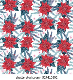 Christmas seamless pattern with traditional Christmas plants - holly, poinsettia and spruce. Christmas Stars for decoration patterns of light and a family holiday.