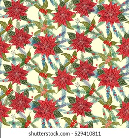 Christmas seamless pattern with traditional Christmas plants - holly, poinsettia and spruce. Christmas Stars for decoration patterns of light and a family holiday.