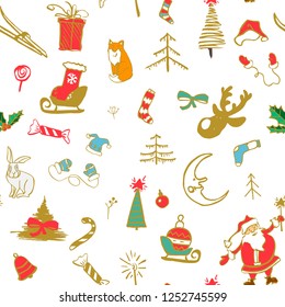 Christmas seamless pattern with traditional symbols on a white background. Christmas character set drawn by hand inks. Winter xmas vector illustration