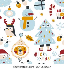 Christmas seamless pattern with traditional symbols and decorative elements. Vector hand drawn doodle in simple scandinavian cartoon style. limited palette for printing textiles and wrapping paper.