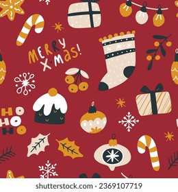 Christmas seamless pattern with traditional symbols and decorative elements. Vector hand drawn doodle in simple scandinavian cartoon style. limited palette for printing textiles and wrapping paper.