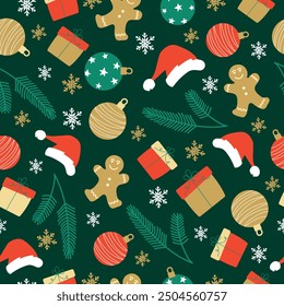 Christmas seamless pattern with traditional symbols. Winter repeating texture with New Year decorations. Holiday print for fabric, wallpaper and wrapping paper.