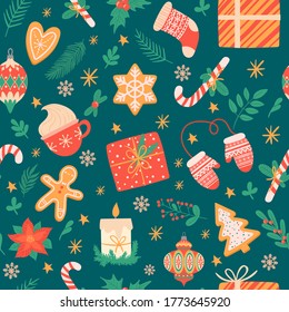 Christmas seamless pattern. Traditional xmas attributes, christmas tree toys, gingerbread, presents for cards and wrapping vector texture. New year cup with hot chocolate, holly leaves with berries