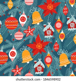 Christmas seamless pattern. Traditional xmas attributes, christmas tree toys, gingerbread, presents for cards and wrapping. Flat hand drawn vector texture