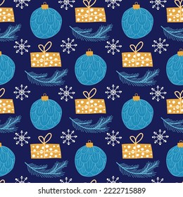 Christmas seamless pattern with christmas tree ball, gift box, spruce branch and snowflake. Hand drawn trendy style. Vector illustration.