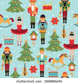 Christmas seamless pattern with tree, ballerina, clock. nutcrackets,drum, snow om blue background.  