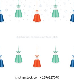 Christmas seamless pattern. Christmas tree balls, bows and snowflakes in pantone 2020 blue, lava, mint colors.Holiday colorful bells hangings on white background. Christmas banner.Vector illustration.