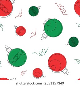 Christmas seamless pattern. Christmas tree balls on a white background. Design for decoration on christmas card, banner, wallpaper, textile. Red and green Christmas toys on white background. 